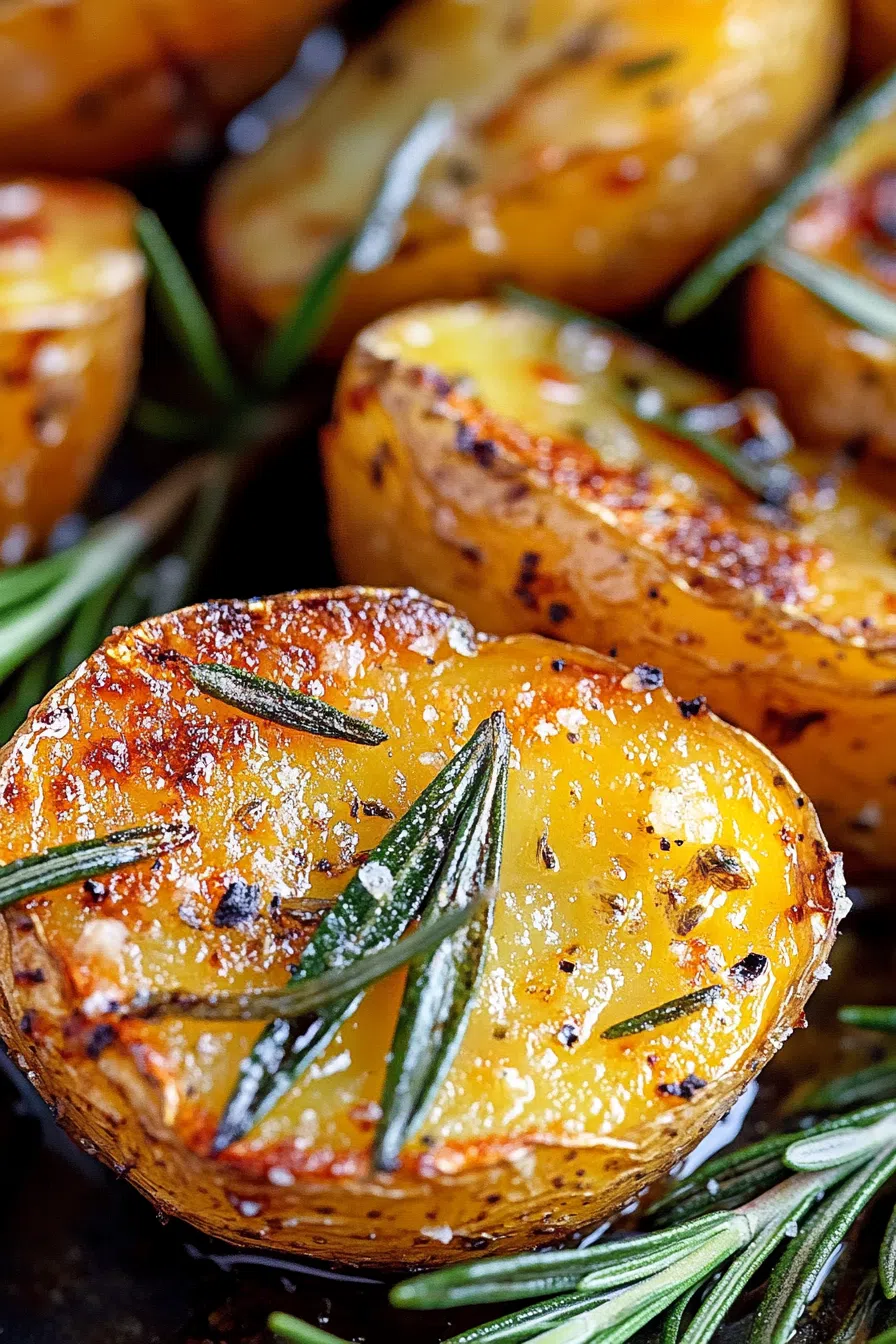 Close-up of oven-roasted potatoes with a hint of rosemary.