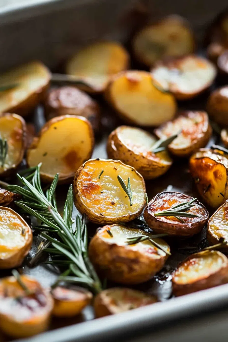 Golden roasted potato wedges on a baking tray with fresh herbs.