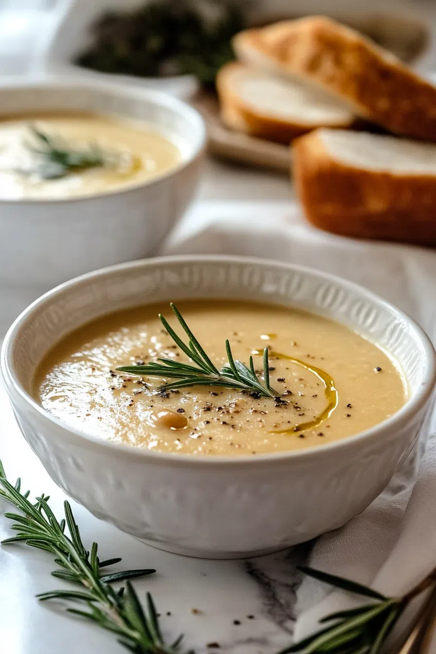 Creamy bowl of soup garnished with fresh herbs and a drizzle of olive oil.