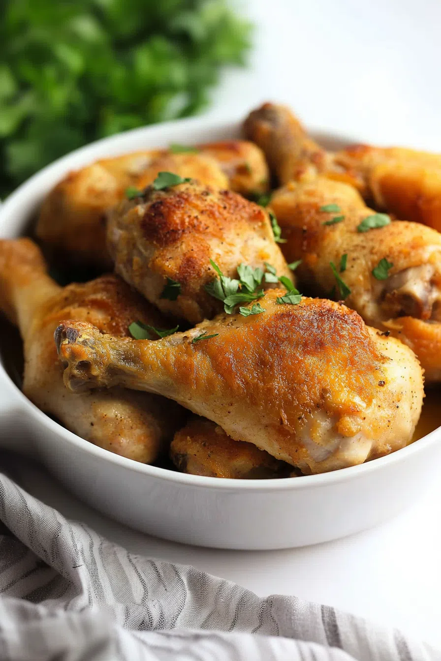 Serving platter filled with crunchy oven-baked chicken and fresh herbs.