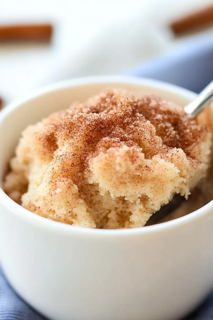 Spoon scooping out a fluffy bite from a freshly microwaved treat.