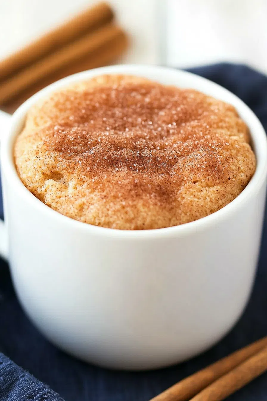 Close-up of a soft, golden cake with a crackly sugar top inside a ceramic cup.