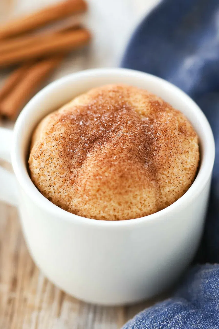 Warm single-serving dessert in a white mug topped with cinnamon sugar.