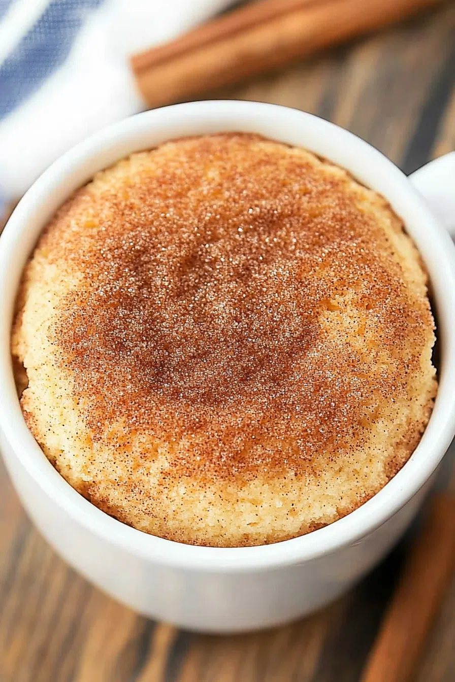 Overhead shot of a quick microwave dessert served in a neutral-toned mug.