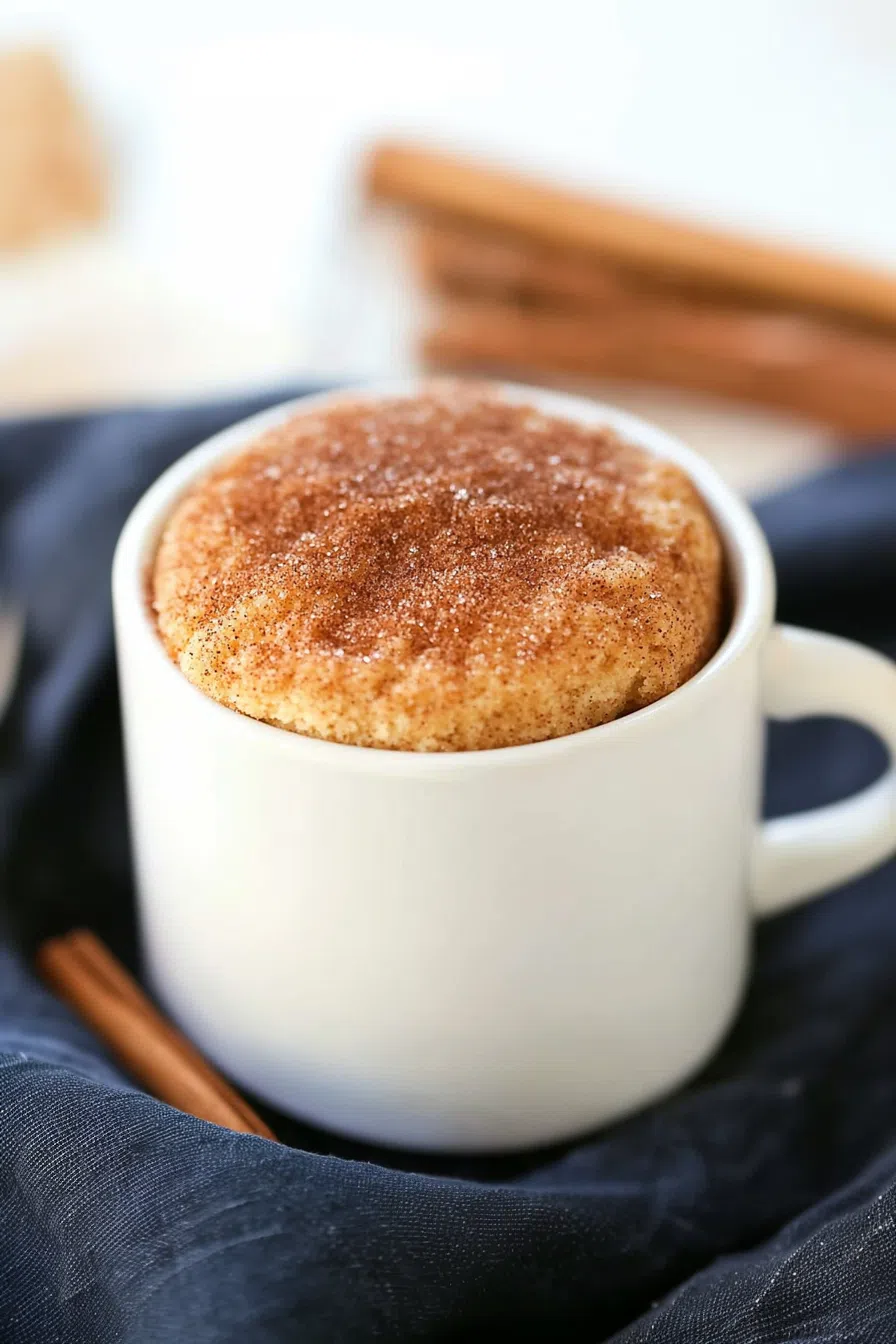 A cozy dessert moment with a mug on a wooden tray and a sprinkle of cinnamon nearby.