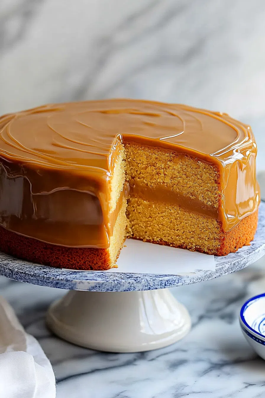 Southern-style dessert with layers of fluffy cake and creamy caramel topping.