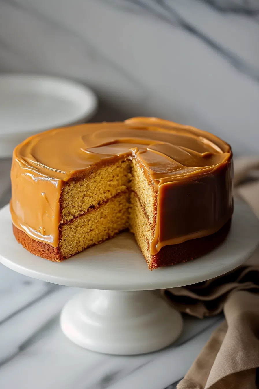 Elegant dessert display featuring a tall, caramel-coated cake.