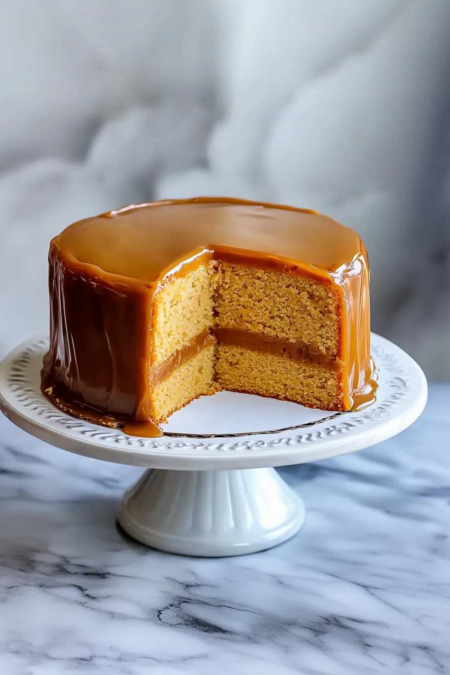 A thick slice of yellow cake topped with homemade caramel icing.