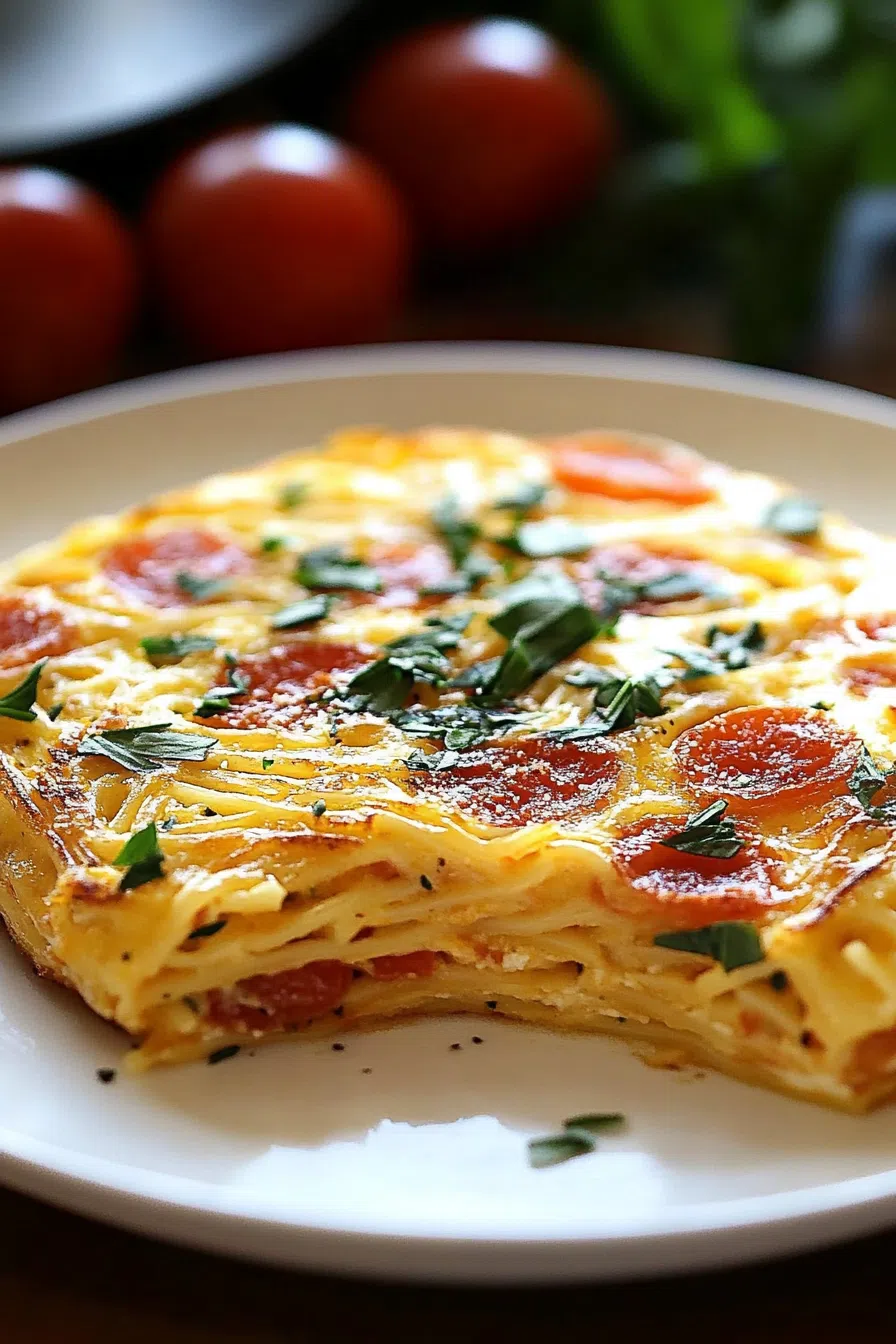Overhead view of a golden, sliced savory pie on a wooden cutting board.