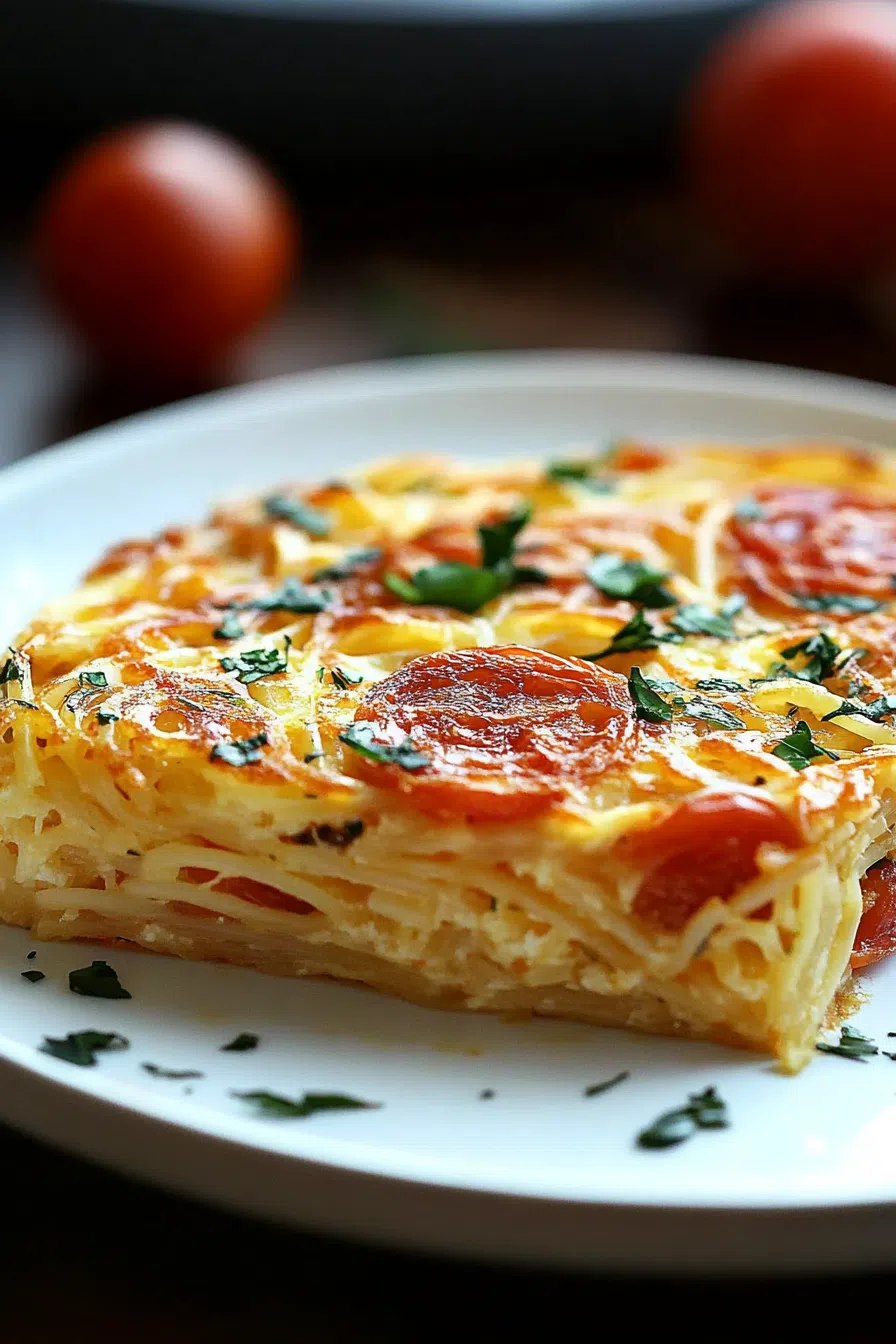 Side angle of a slice showing the layered pasta and egg interior.
