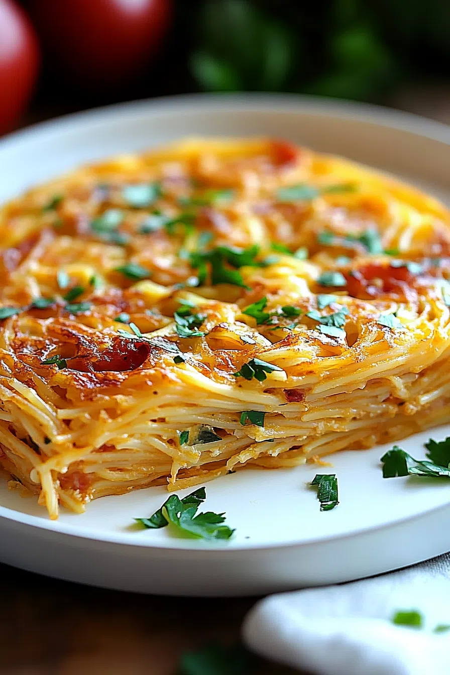 Rustic table setup featuring a round baked entrée with fresh parsley garnish.