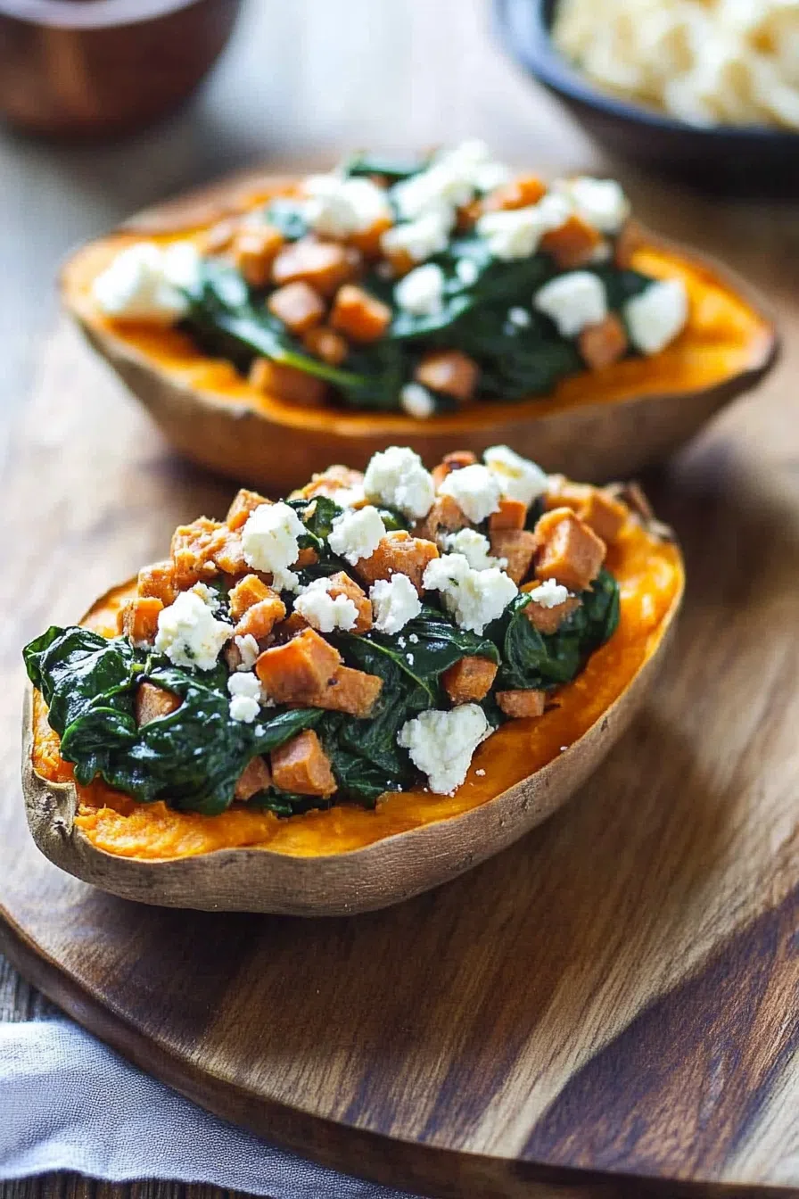 A wholesome meal featuring roasted sweet potatoes and a creamy savory topping.