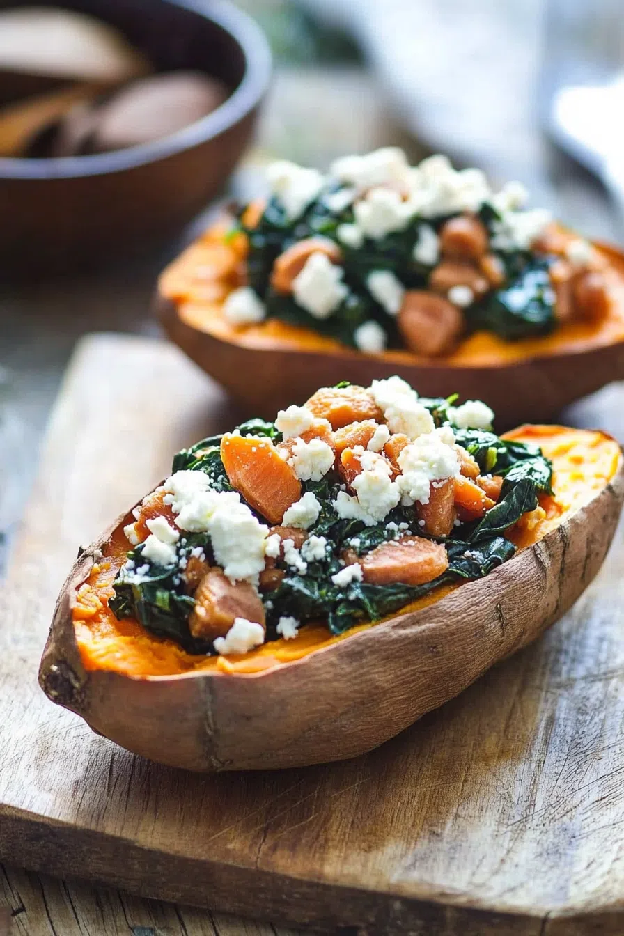 Baked sweet potato halves topped with a vibrant green and white filling.