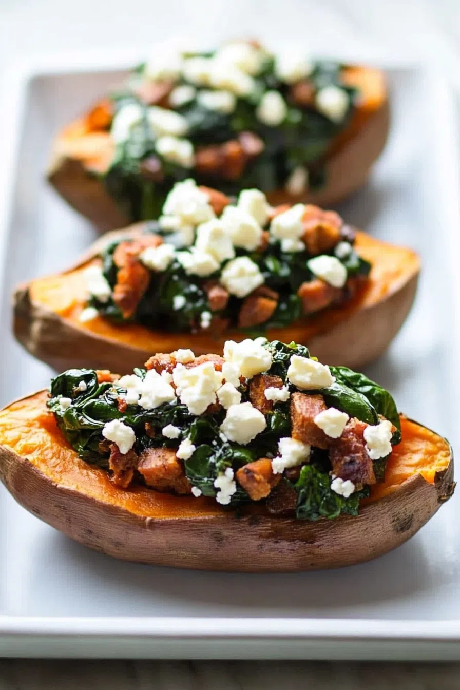 Overhead view of stuffed sweet potatoes garnished with herbs and crumbled cheese.