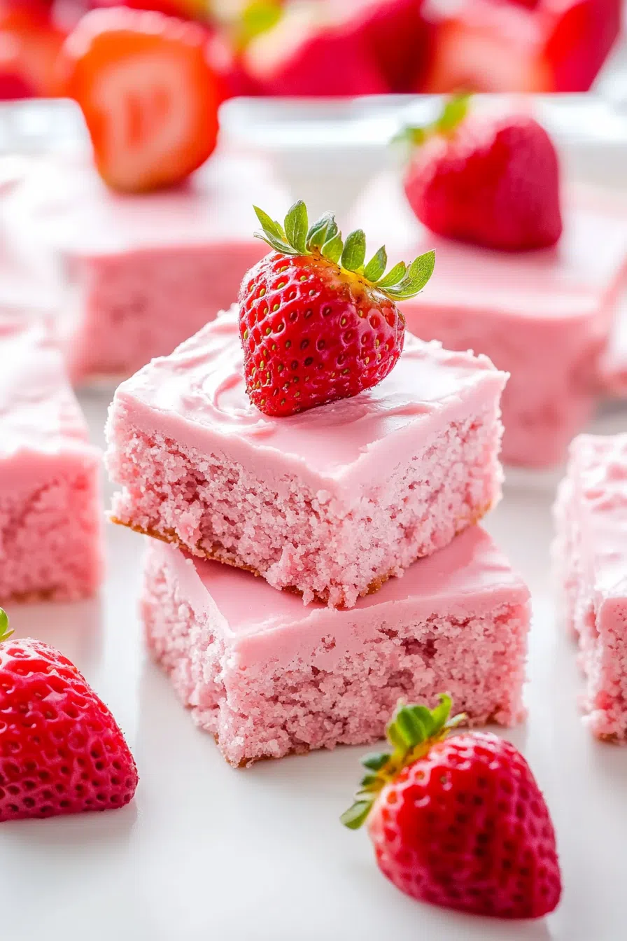A stack of pink-iced dessert squares on a white plate.