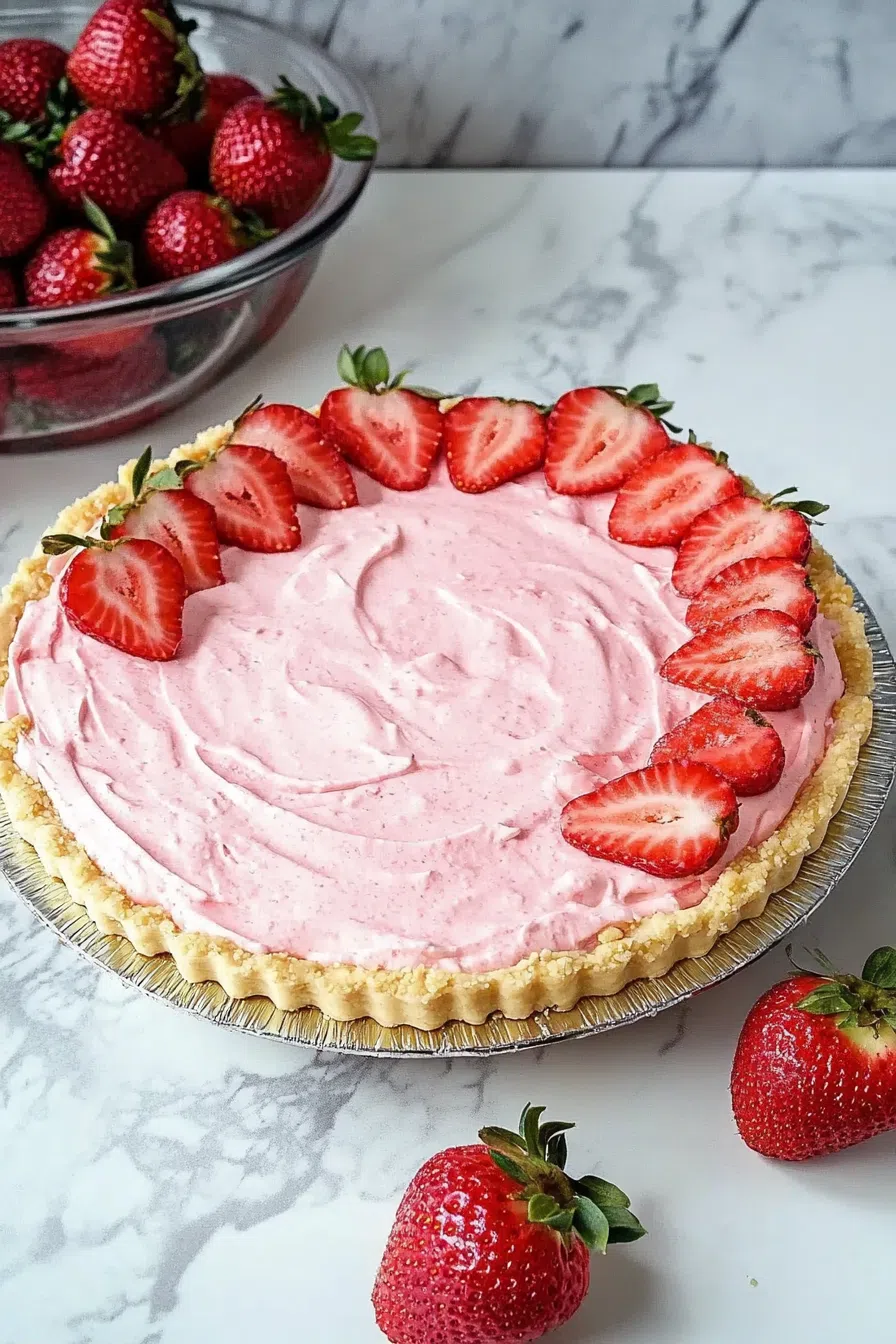 Overhead view of a pastel-colored pie with fresh berries on top.
