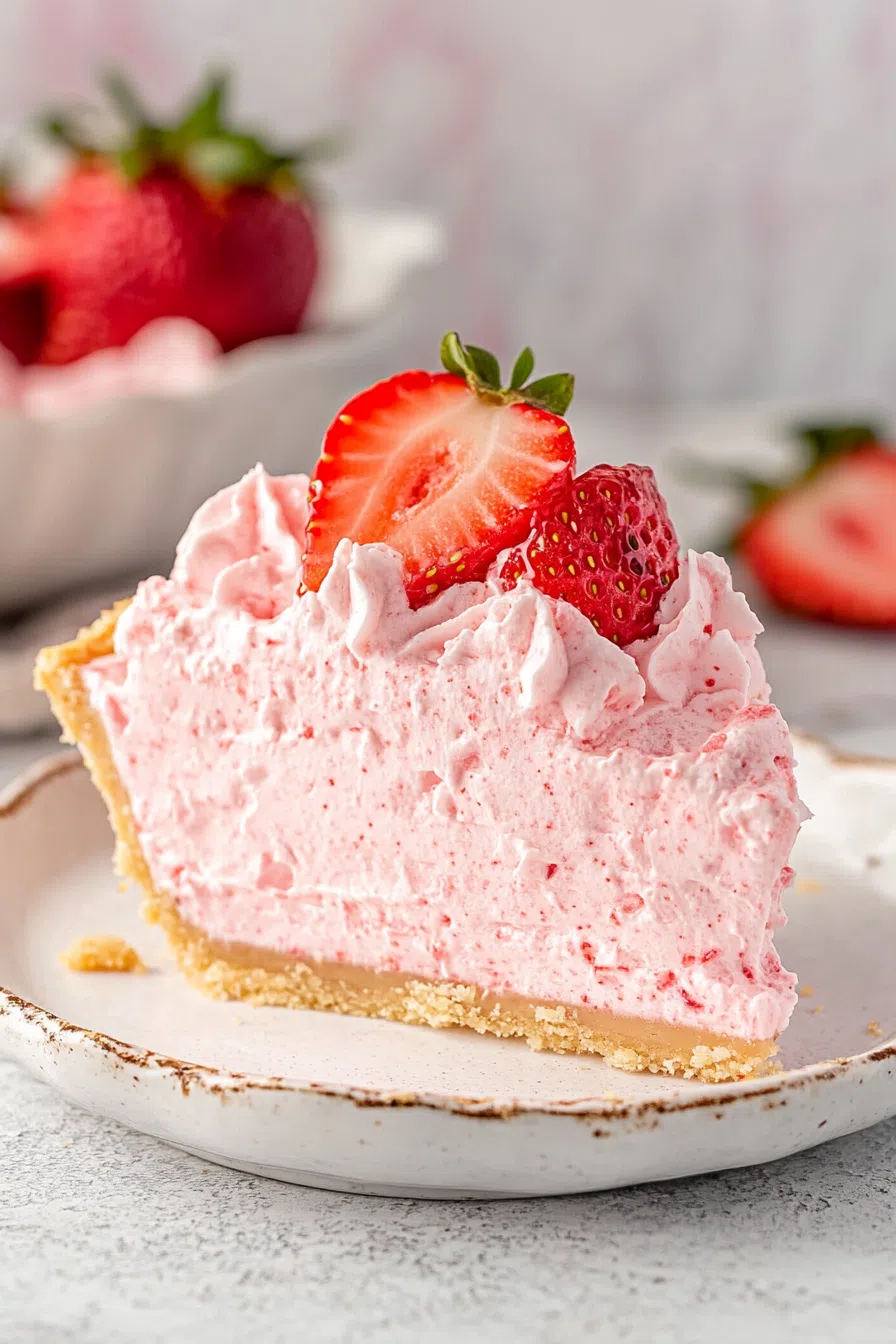 Slice of creamy pink pie on a white dessert plate.