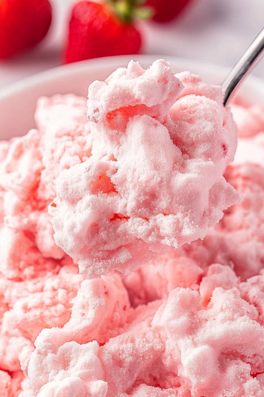 Spoonful of a fluffy pink treat with hints of fruit and cream.