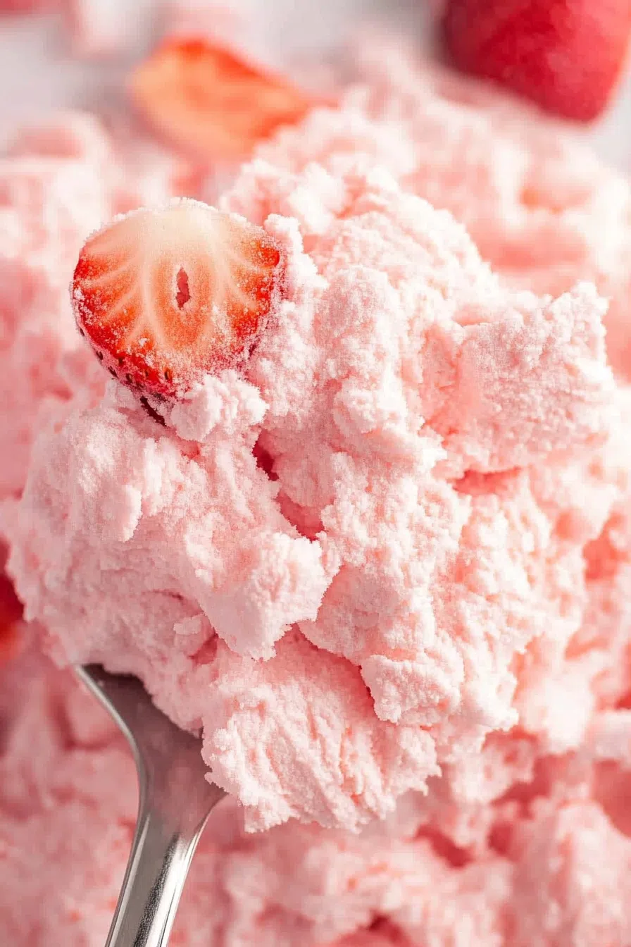 Overhead shot of a whipped dessert with pops of strawberry and marshmallow.