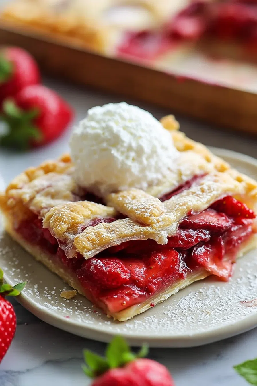 Sliced pastry on a marble surface, garnished with fresh berries.