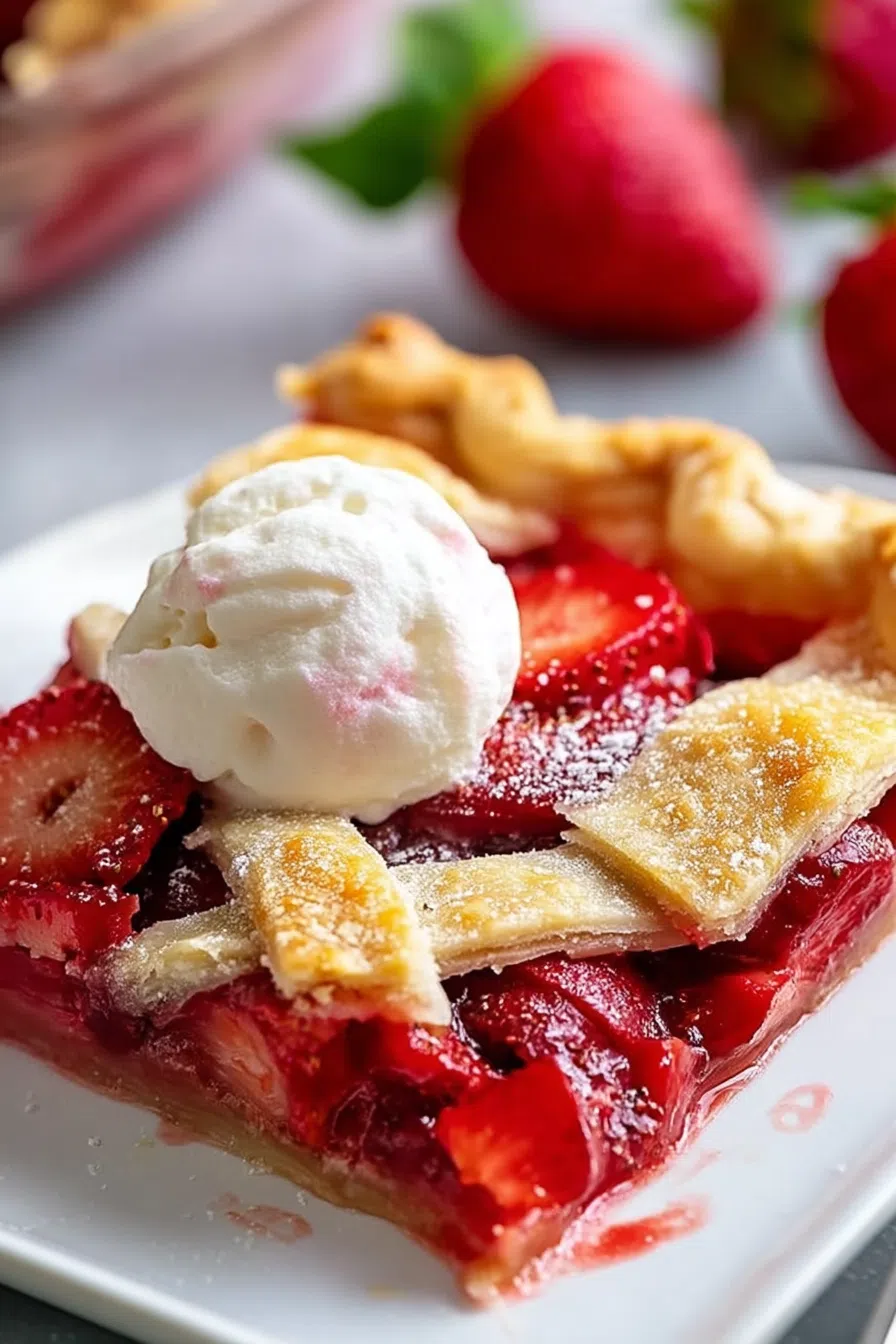A slice of fruit-filled dessert on a white plate with a dollop of whipped cream.