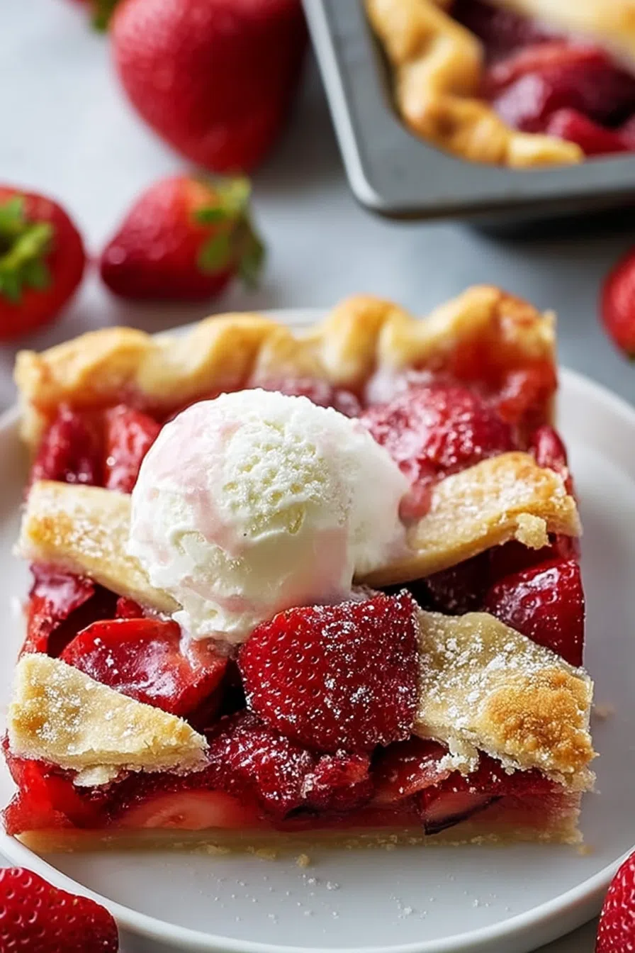 Close-up of golden, flaky pastry edges and glistening fruit filling.