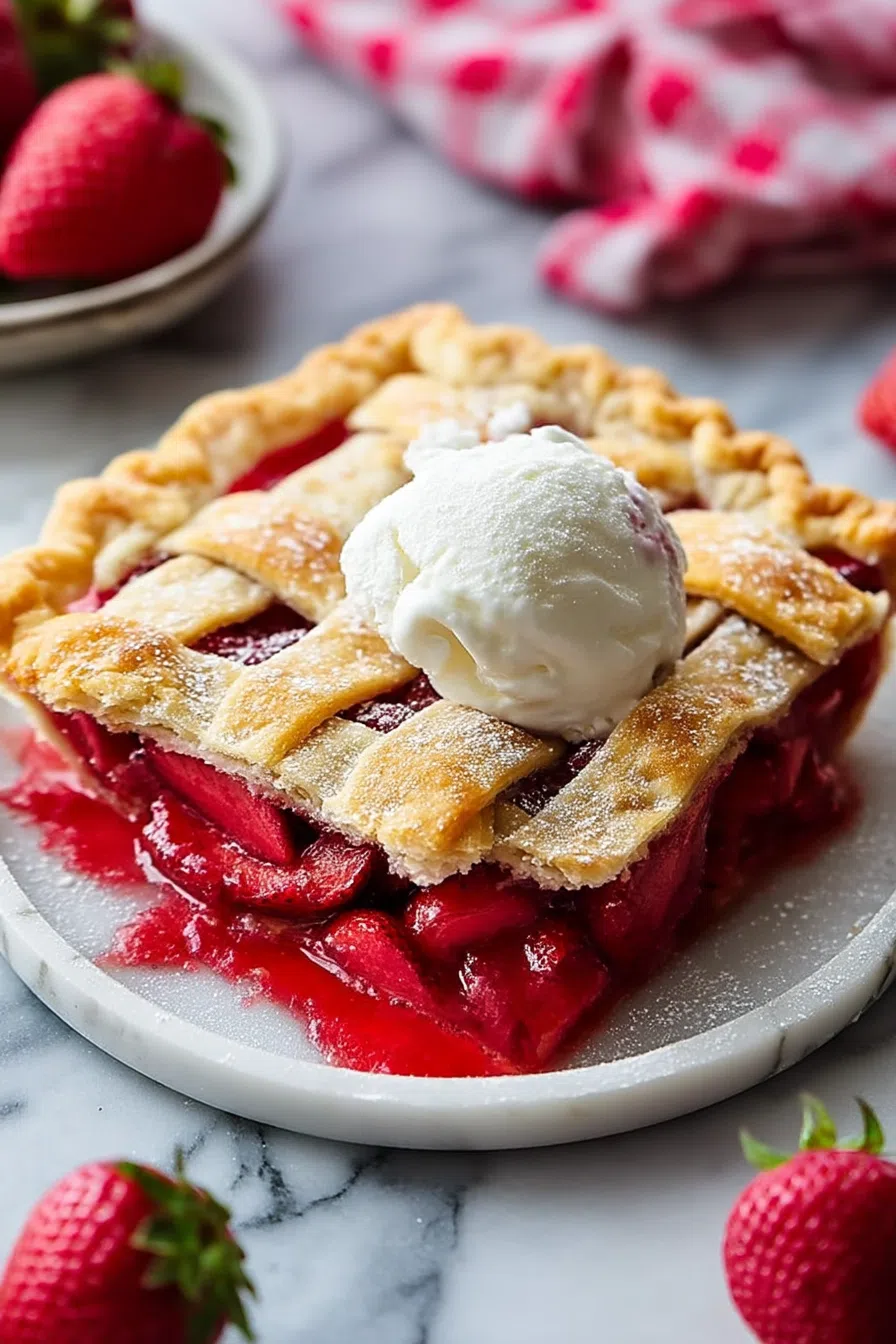 Close-up showing the juicy red filling peeking through golden edges.