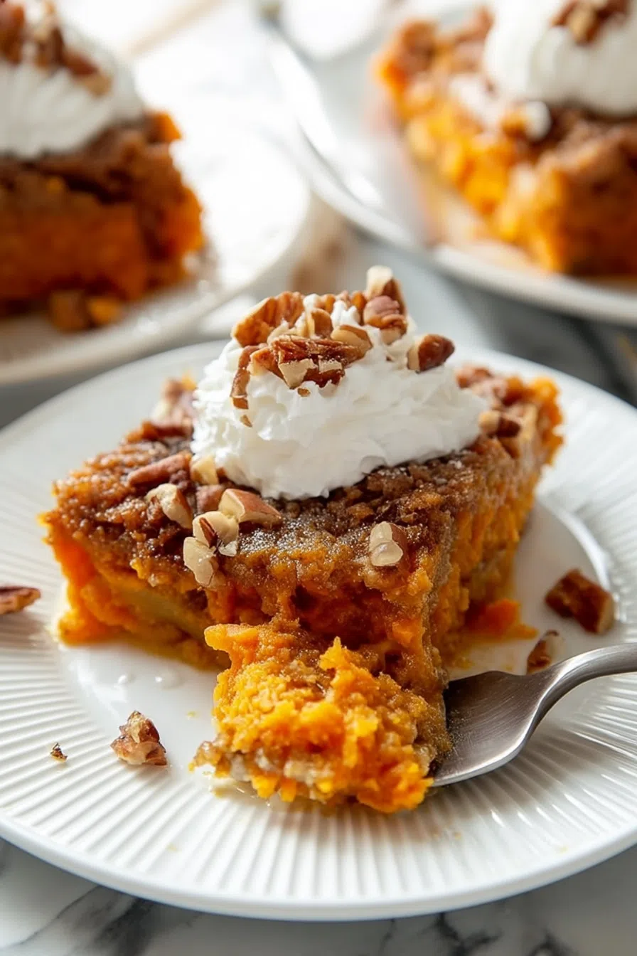 Side view of layered dessert showing golden crust and soft filling.