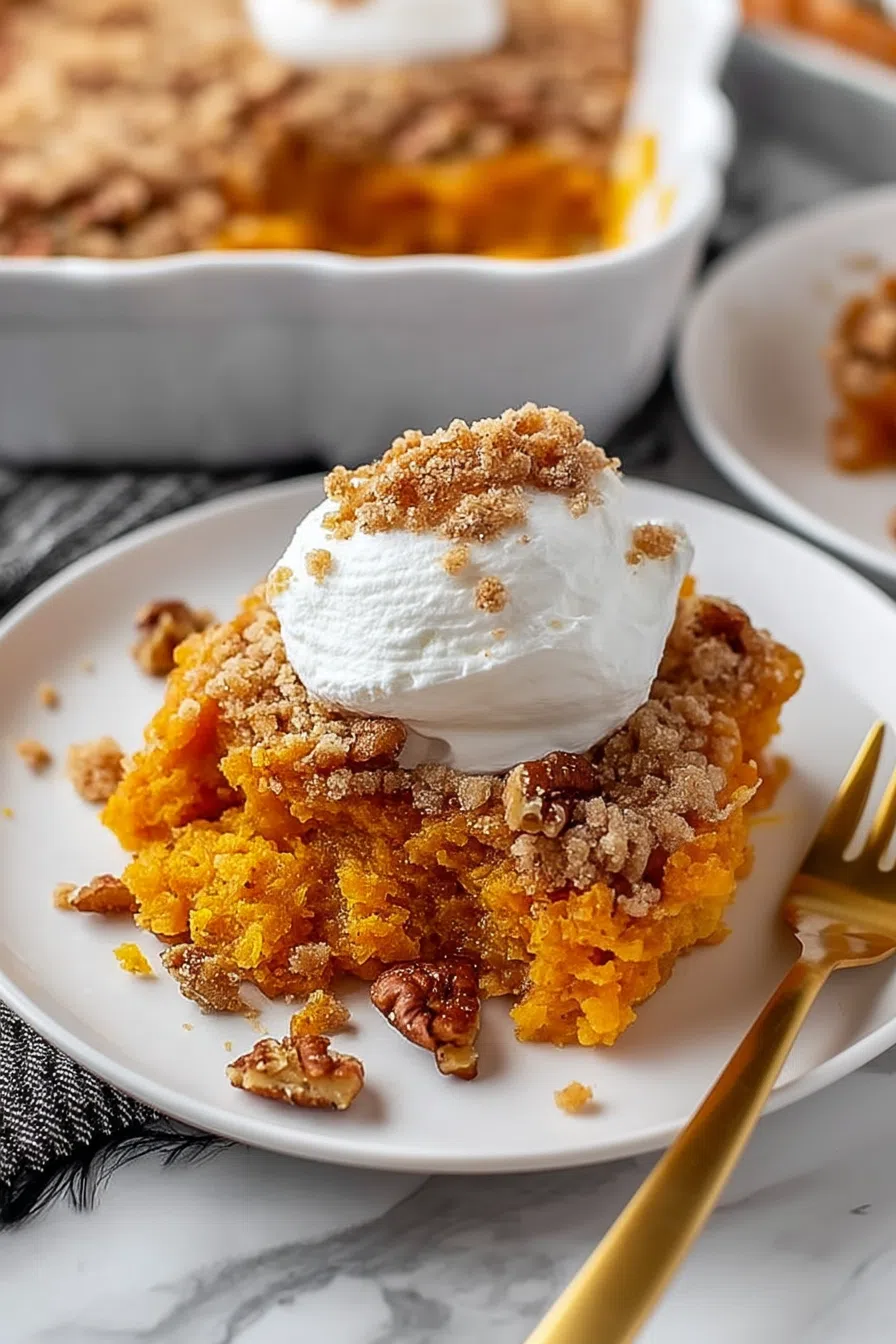 Warm dessert portion served with a drizzle of syrup and a fork nearby.