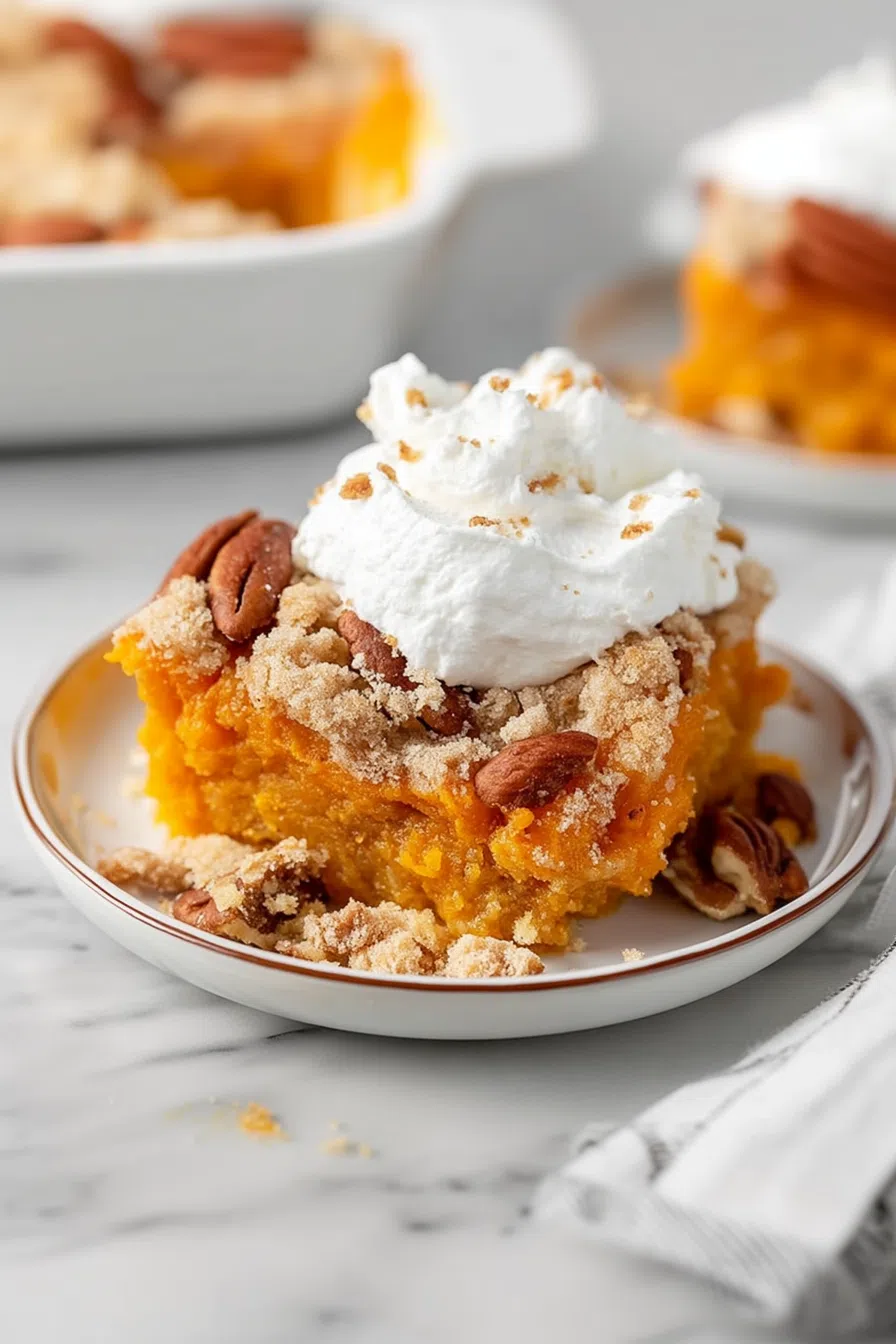 A slice of golden cake served on a white plate with a dollop of whipped topping.