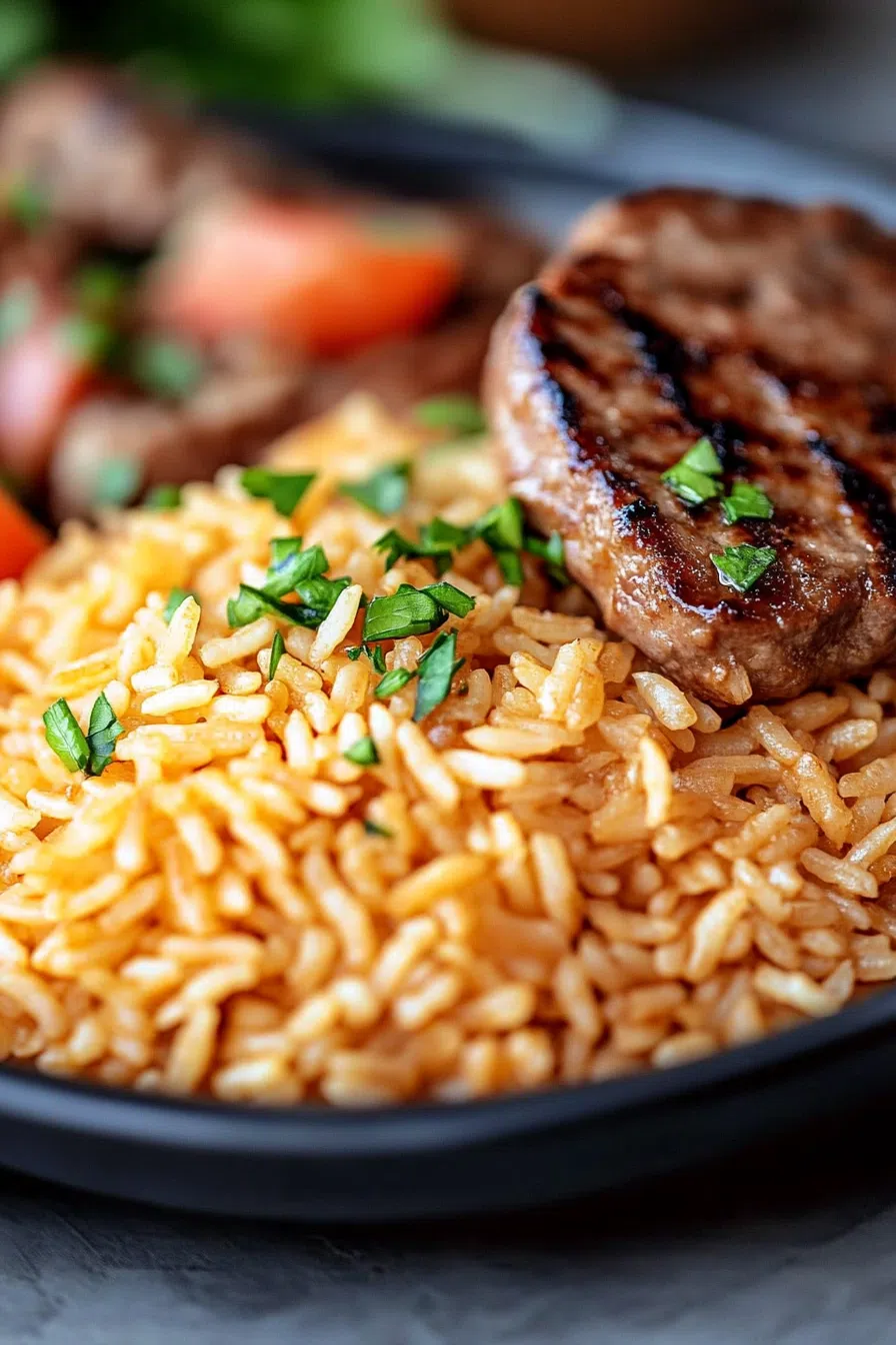 Hearty rice pilaf styled next to grilled meat on a dinner plate.