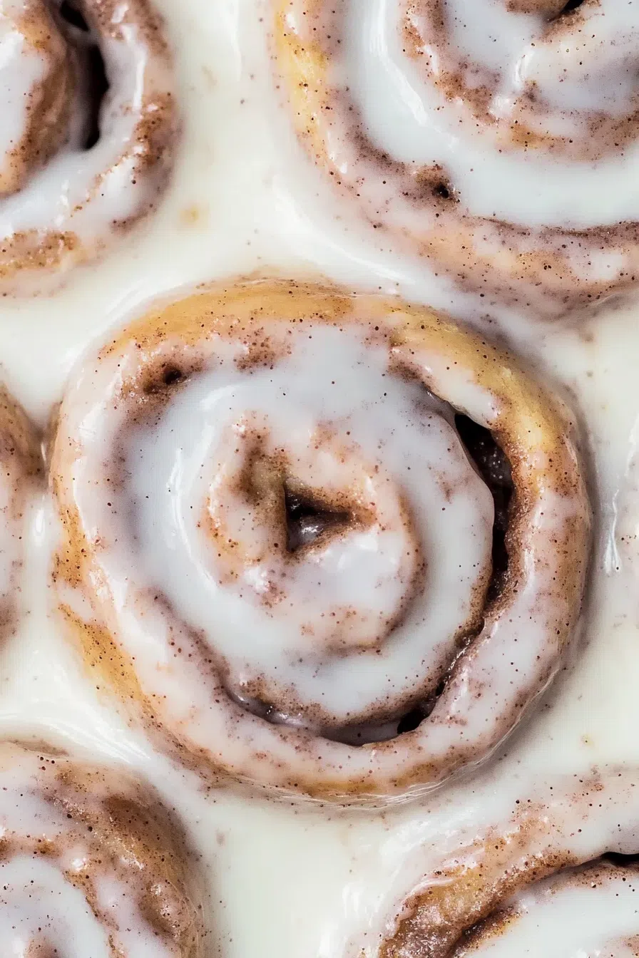 Close-up of a fluffy cinnamon roll on a plate, showing the swirled layers.