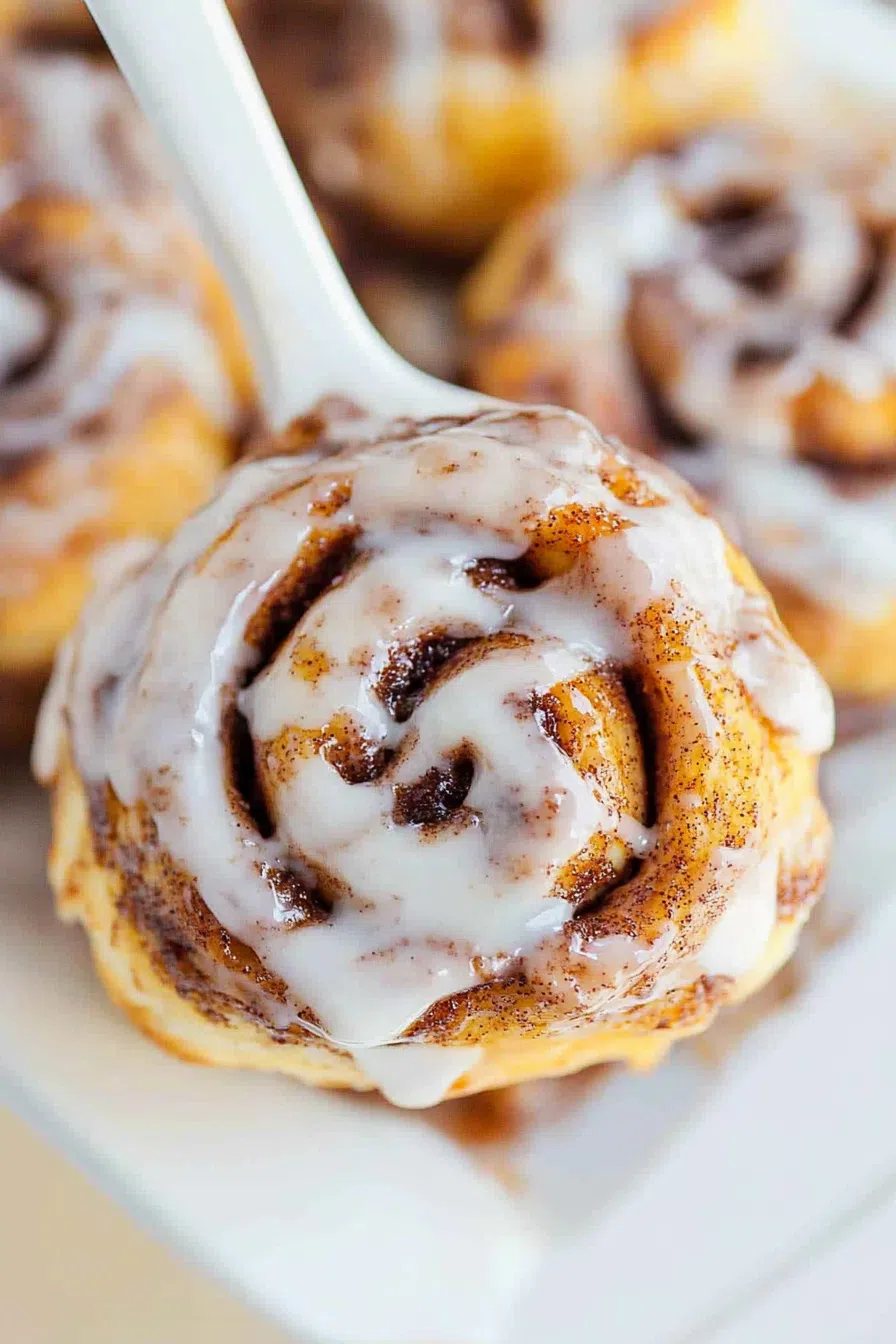 A single cinnamon roll being pulled apart, revealing the soft center.