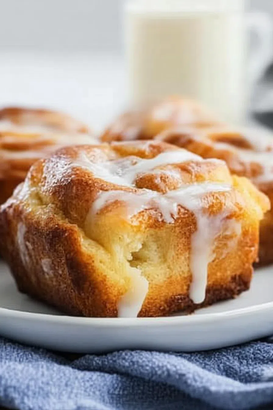 Freshly baked cinnamon rolls with creamy icing melting over the top.