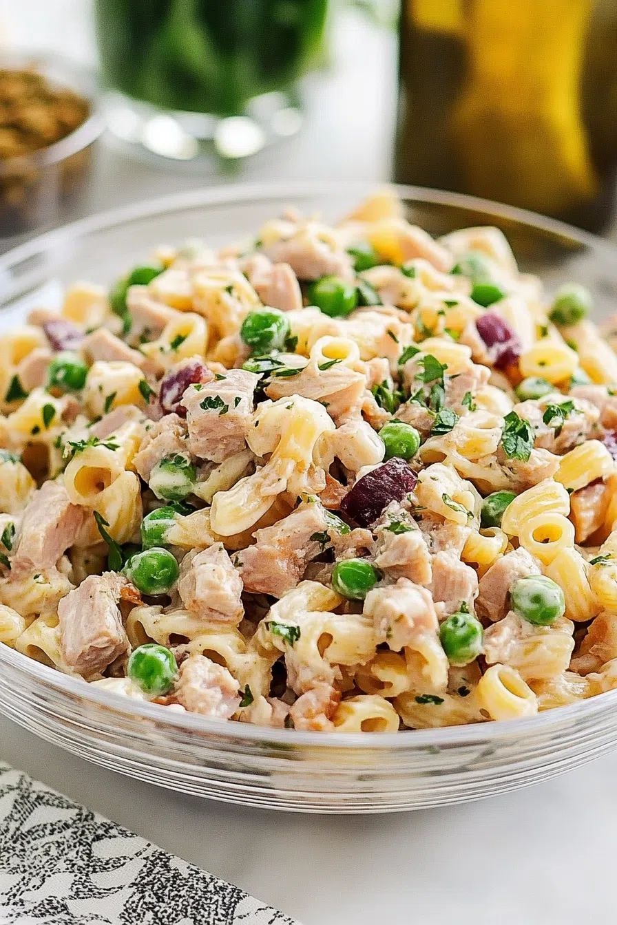 Serving dish of a light, summery cold salad ready to eat.