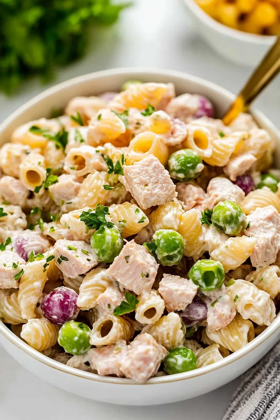 Table setting with a refreshing chilled salad in a white ceramic bowl.