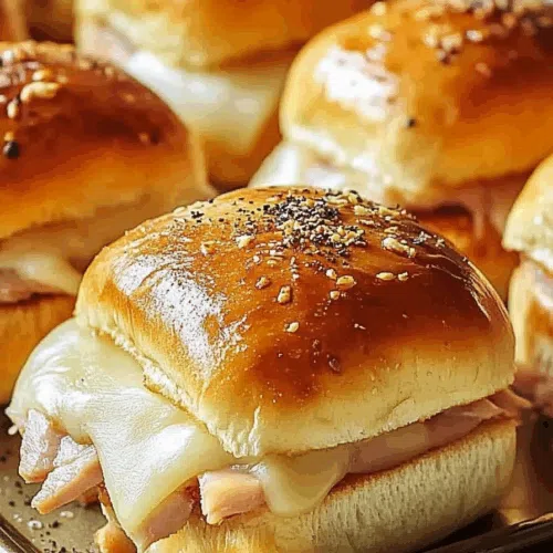 Close-up of savory sliders stacked neatly on a serving tray.