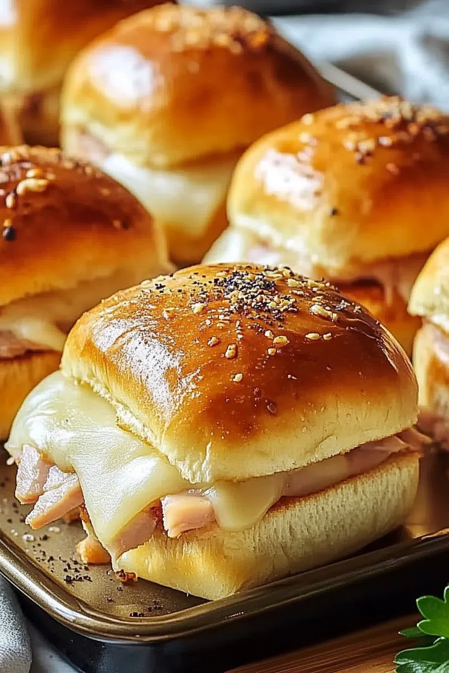 Close-up of savory sliders stacked neatly on a serving tray.