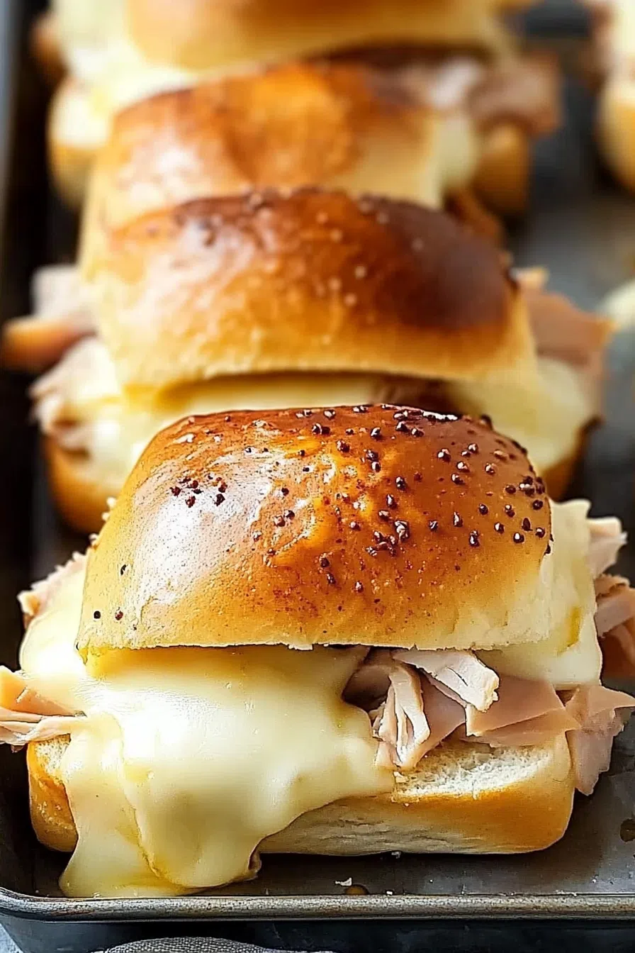 Small sandwiches filled with turkey slices and gooey cheese.