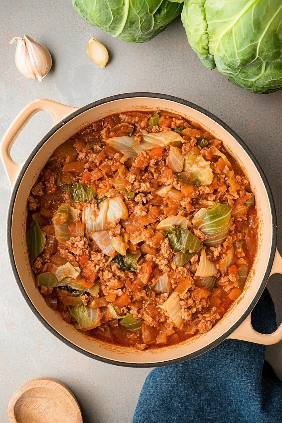 Overhead shot of a comforting skillet dish topped with herbs.
