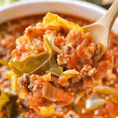 Close-up of a spoonful showing tender cooked cabbage and rice.