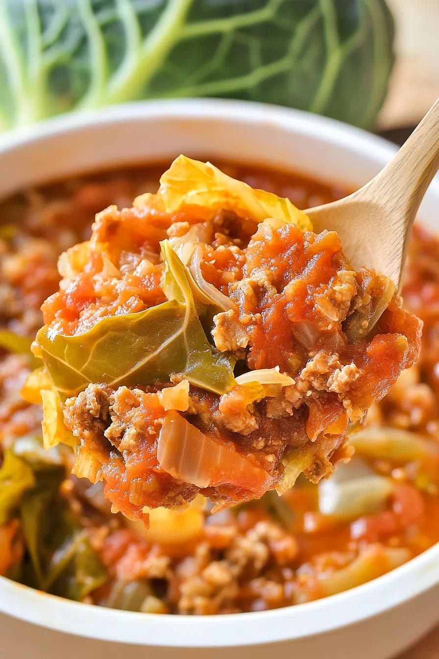 Close-up of a spoonful showing tender cooked cabbage and rice.
