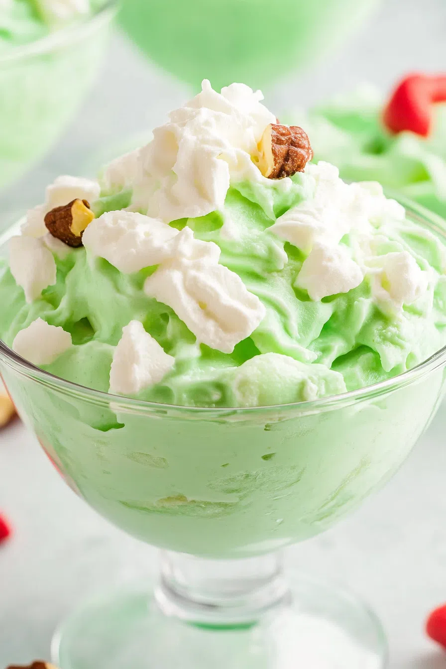 A creamy fruit and nut salad spooned into a small clear dessert cup.