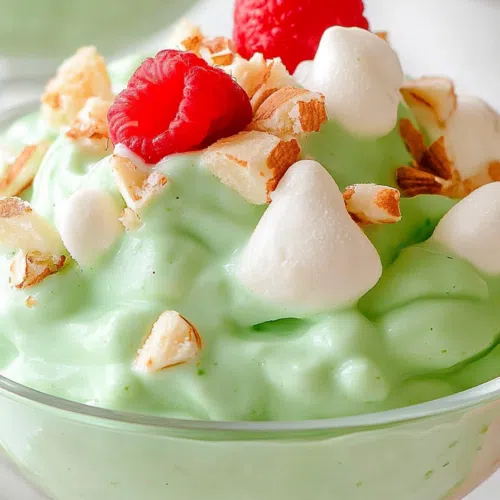 Side view of a chilled dessert with a fluffy texture and crunchy topping.