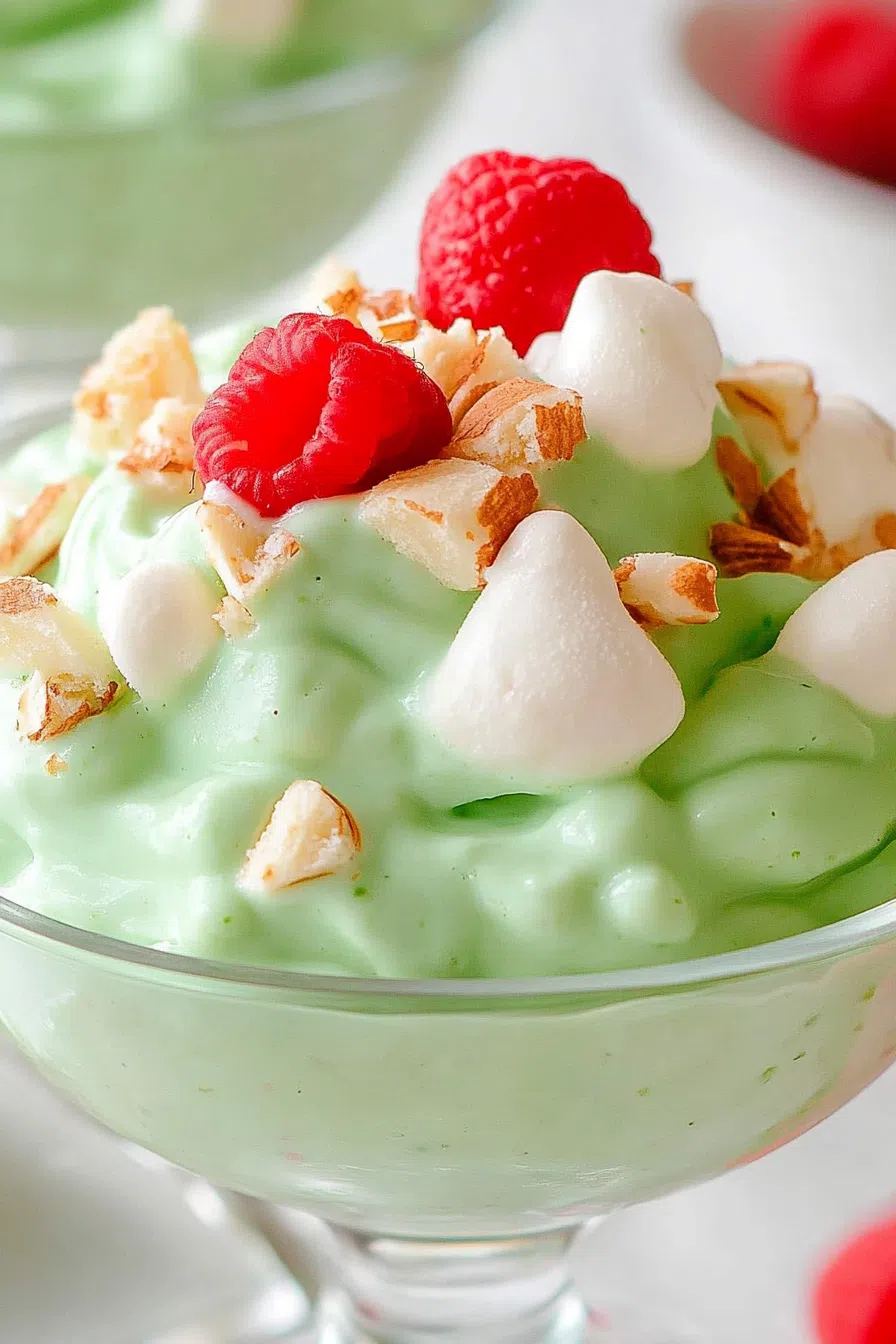 Side view of a chilled dessert with a fluffy texture and crunchy topping.