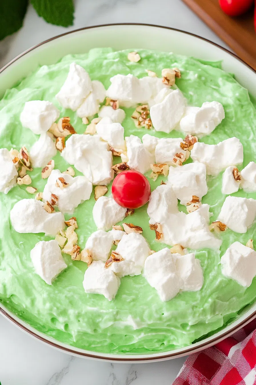Overhead shot of a pastel-colored dessert in a serving dish.