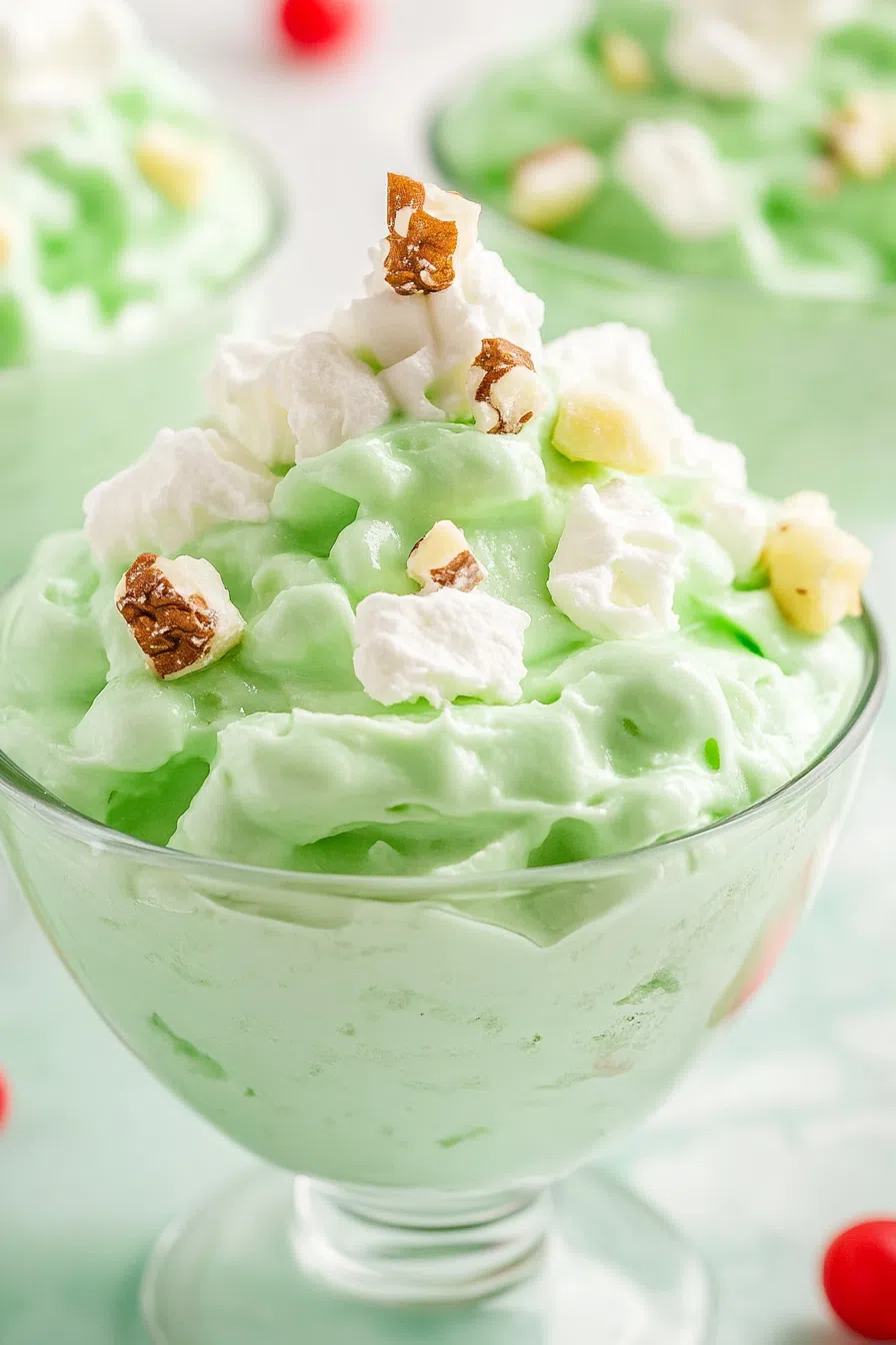Light green fluffy dessert served in a glass bowl with a sprinkle of chopped nuts on top.