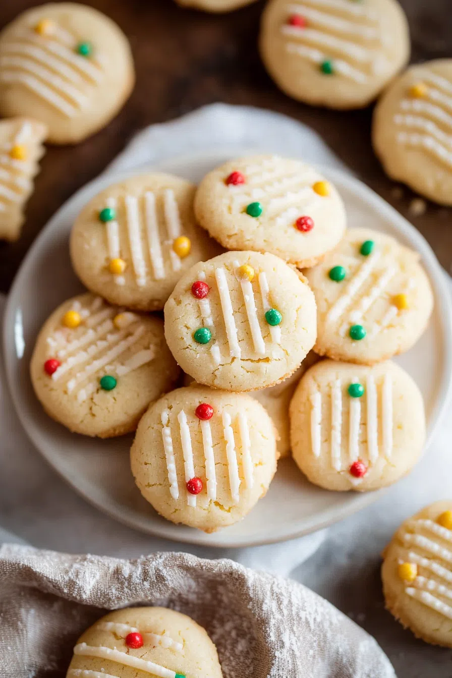 A plate of delicate, pale cookies topped with festive sprinkles.