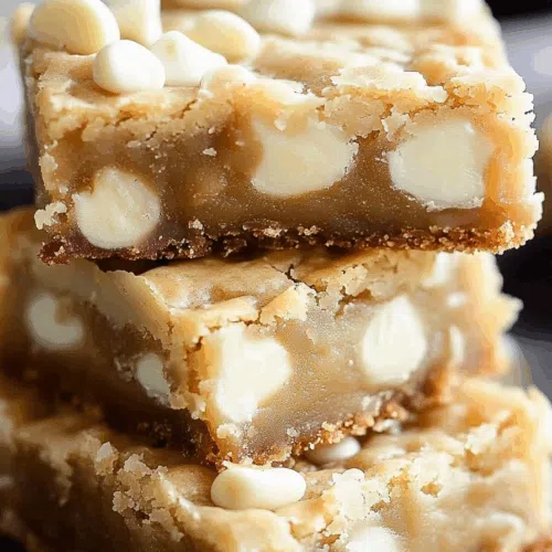 Close-up of golden blondie bars with melted white chocolate pieces.