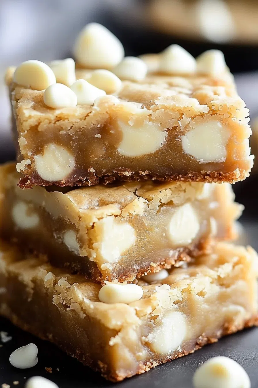 Close-up of golden blondie bars with melted white chocolate pieces.
